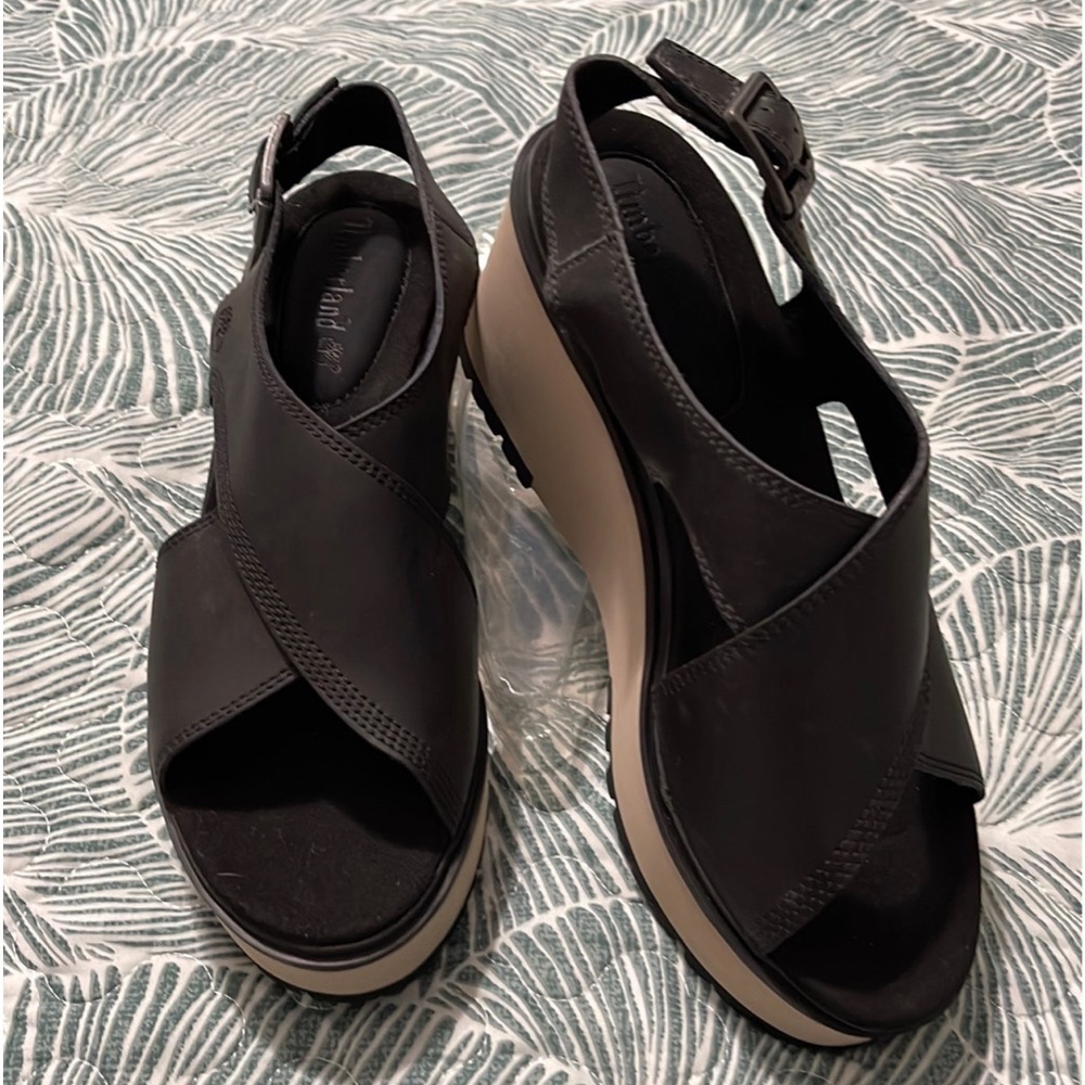 NEW TIMBERLAND BLACK LEATHER PLATFORM WEDGE SANDALS SIZE 8.5 M $110
